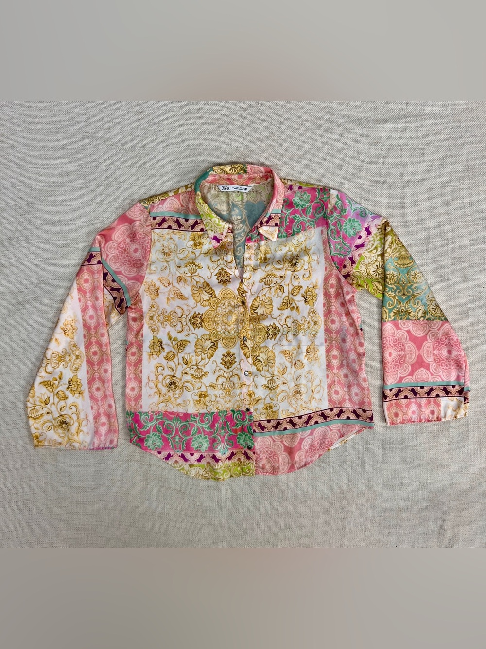 Zara Mixed Paisley Patchwork Button Up Shirt Boho Scarf Print Blouse